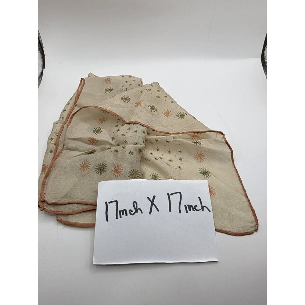Vintage 1950s Sheer Silk Chiffon Square Scarf Sunburst Print Cream Orange Green - Picture 10 of 10